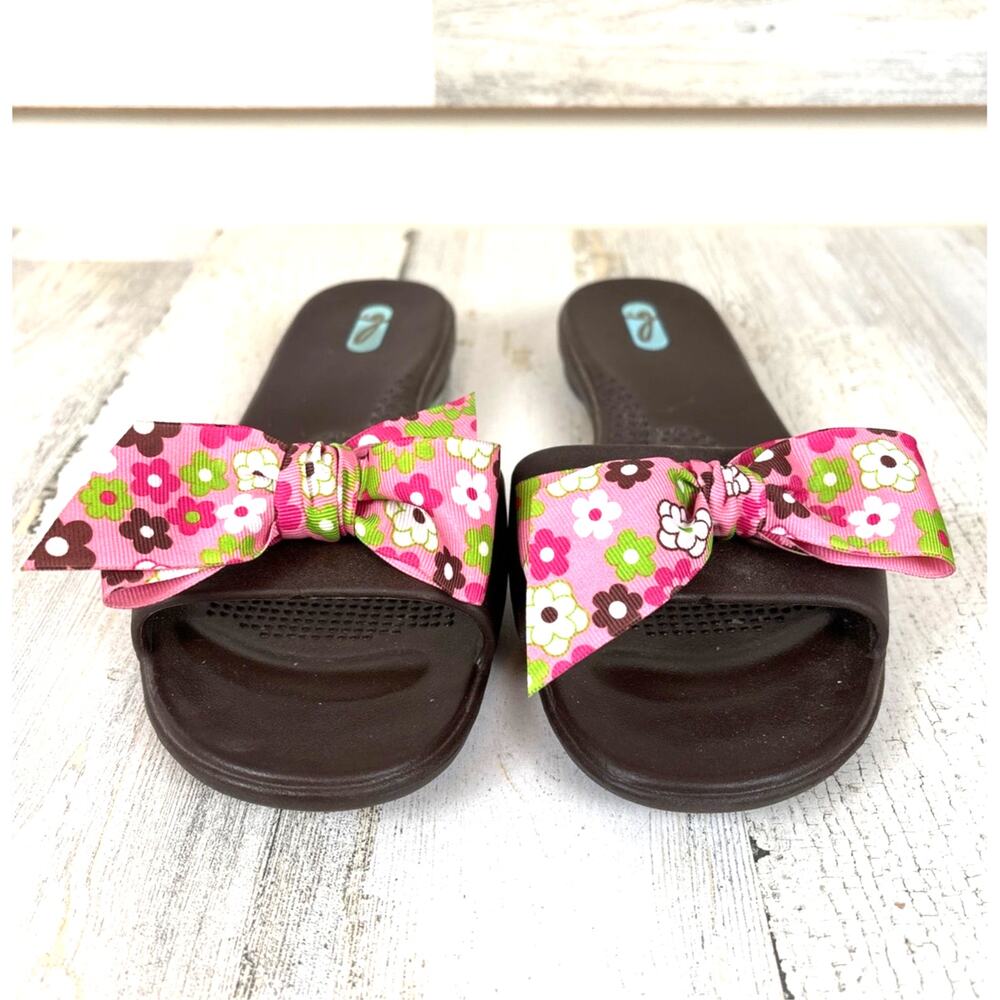 Oka-B Madison Brown Pink Floral Bow Slide Sandals Womens M/L NEW Casual